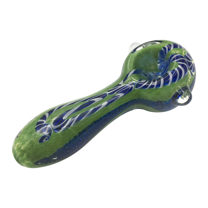 Blue Shimmer Stripes Green Spoon Pipe with Glass Marbles 183#