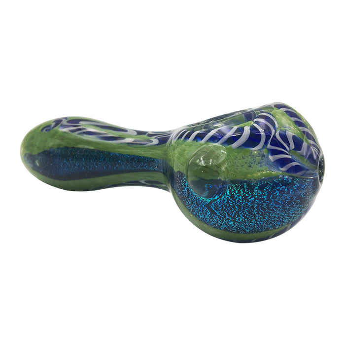 Blue Shimmer Stripes Green Spoon Pipe with Glass Marbles 183#