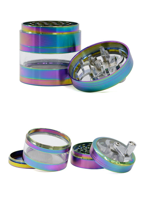 4 Parts Zinc Alloy 63MM Transparent Window Hand Crank Herb Grinder-Iceblue Rainbow Color