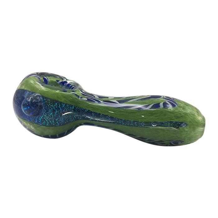 Blue Shimmer Stripes Green Spoon Pipe with Glass Marbles 183#