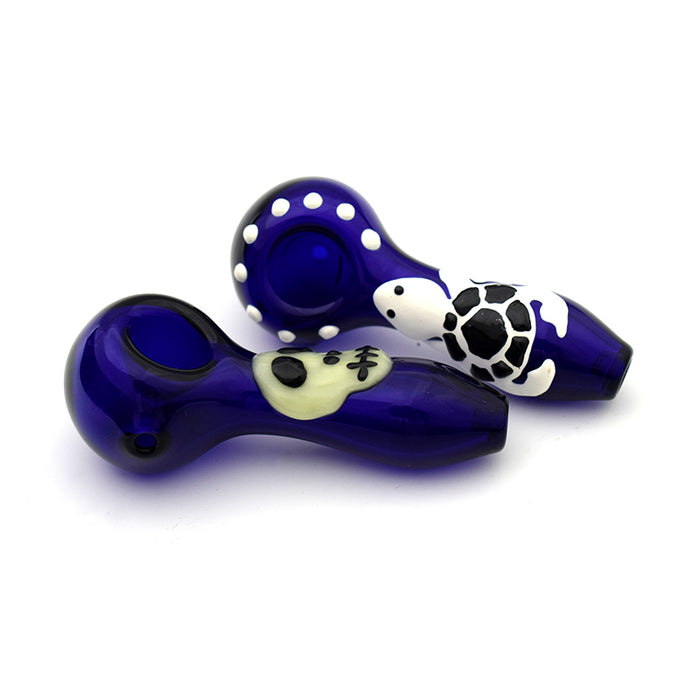4“ Blue glass pipe with ghost head and turtle G035