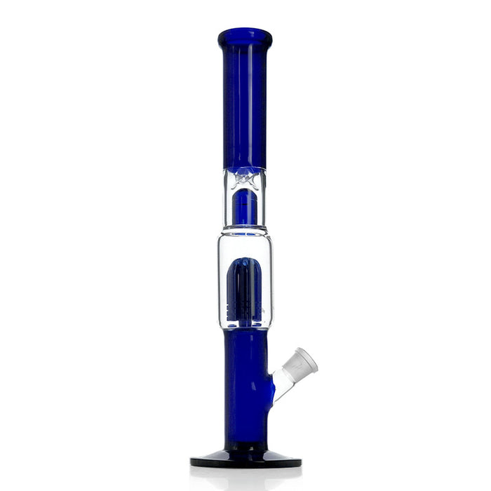 Blue and clear glass straight cylinder bong with 6-arm perc