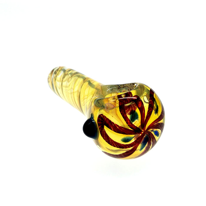 Fumed Yellow Spoon Spiral Stripes W/ Red Flower Bowl and Blue Marbles 085#