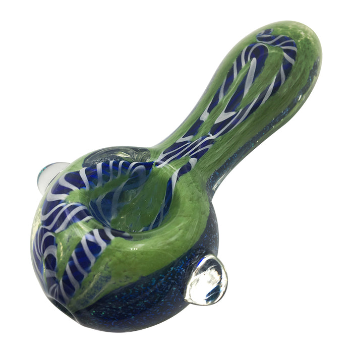 Blue Shimmer Stripes Green Spoon Pipe with Glass Marbles 183#