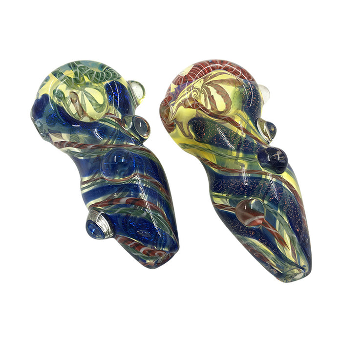Spoon Pipe Fumed Inside-Out Blue Stripe Frit Has Glass Marbles 100#