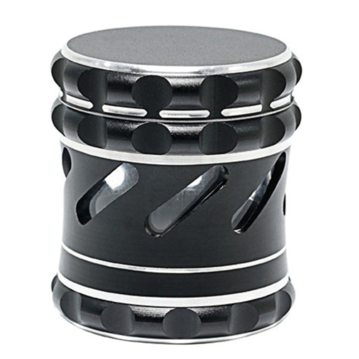 60MM 4 Part Aluminum Alloy Engraved White Edge Chamfered Hollow Side Window Speaker Herb Grinder-Black