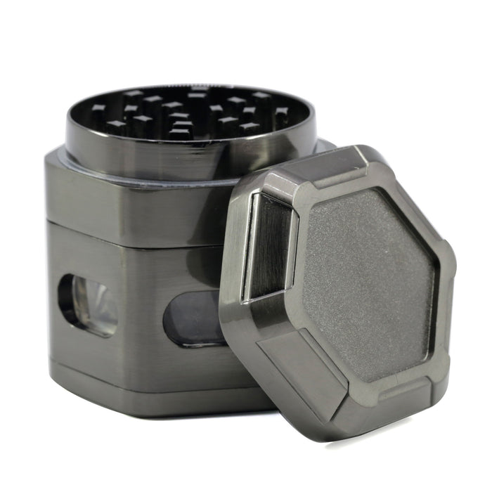 60MM Zinc Alloy 4 Part Detachable Mesh Transparent Window Hexagonal Grinder-Gun-black