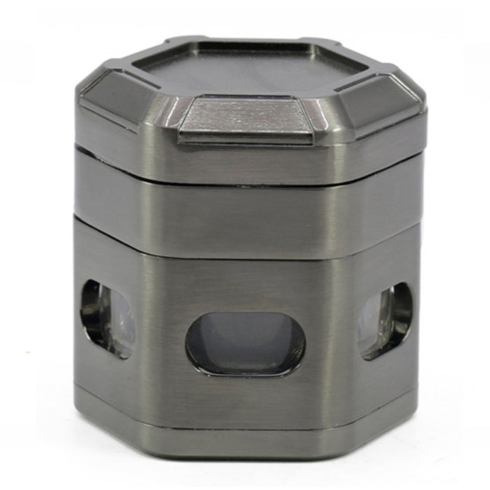 60MM Zinc Alloy 4 Part Detachable Mesh Transparent Window Hexagonal Grinder-Gun-black