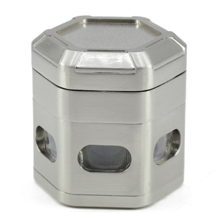 60MM Zinc Alloy 4 Part Detachable Mesh Transparent Window Hexagonal  Grinder-Silver