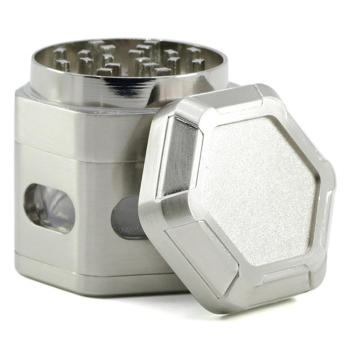 60MM Zinc Alloy 4 Part Detachable Mesh Transparent Window Hexagonal  Grinder-Silver