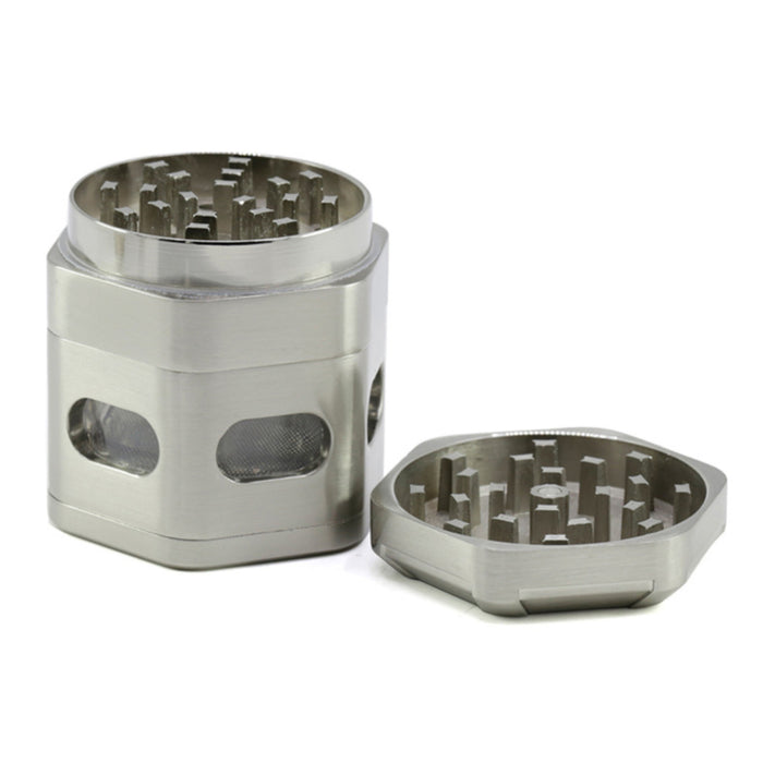 60MM Zinc Alloy 4 Part Detachable Mesh Transparent Window Hexagonal  Grinder-Silver