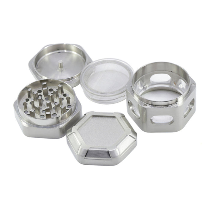 60MM Zinc Alloy 4 Part Detachable Mesh Transparent Window Hexagonal  Grinder-Silver