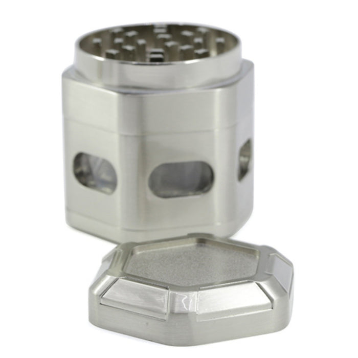 60MM Zinc Alloy 4 Part Detachable Mesh Transparent Window Hexagonal  Grinder-Silver
