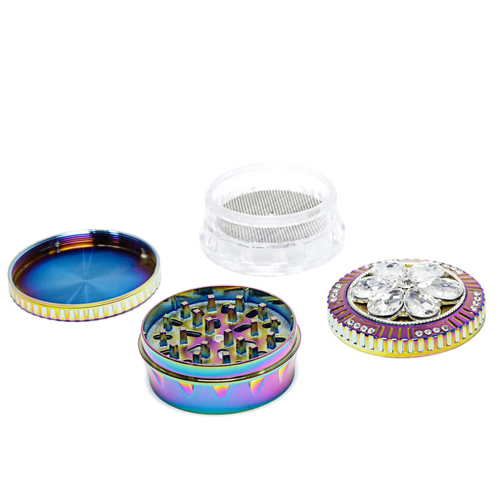 60MM Zinc Alloy 4 Piece With Drill Flower Side Concave Thin Waist Third Layer Transparent Ice Blue Herb Grinder