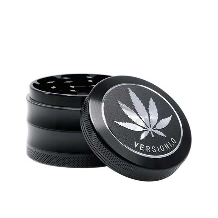 63MM 4 Part Top Cover Pattern Double Thin Waist Aluminum Alloy Weed Grinder | Black Leaf