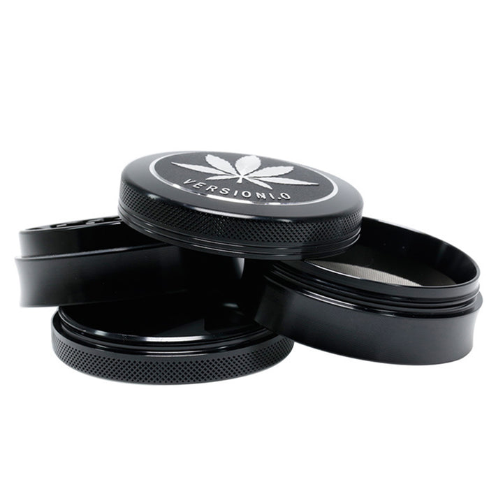 63MM 4 Part Top Cover Pattern Double Thin Waist Aluminum Alloy Weed Grinder | Black Leaf