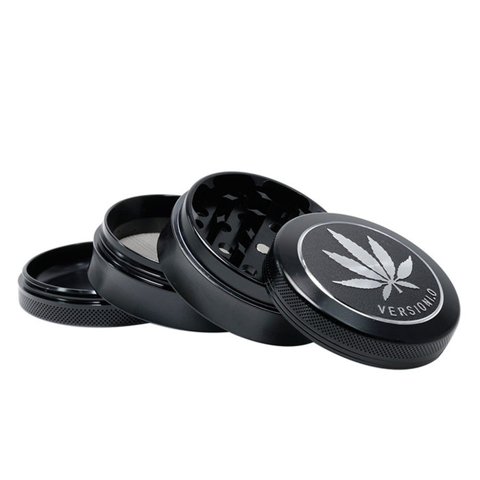 63MM 4 Part Top Cover Pattern Double Thin Waist Aluminum Alloy Weed Grinder | Black Leaf