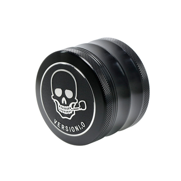 63MM 4 Part Top Cover Pattern Double Thin Waist Aluminum Alloy Weed Grinder | Black Skull