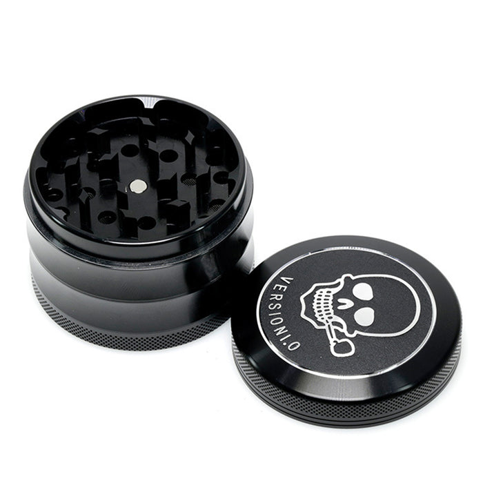 63MM 4 Part Top Cover Pattern Double Thin Waist Aluminum Alloy Weed Grinder | Black Skull
