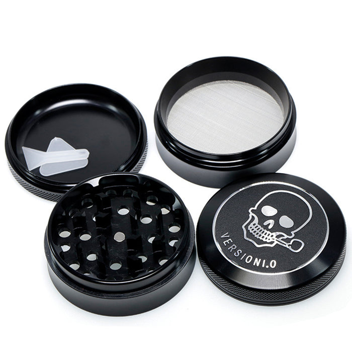63MM 4 Part Top Cover Pattern Double Thin Waist Aluminum Alloy Weed Grinder | Black Skull
