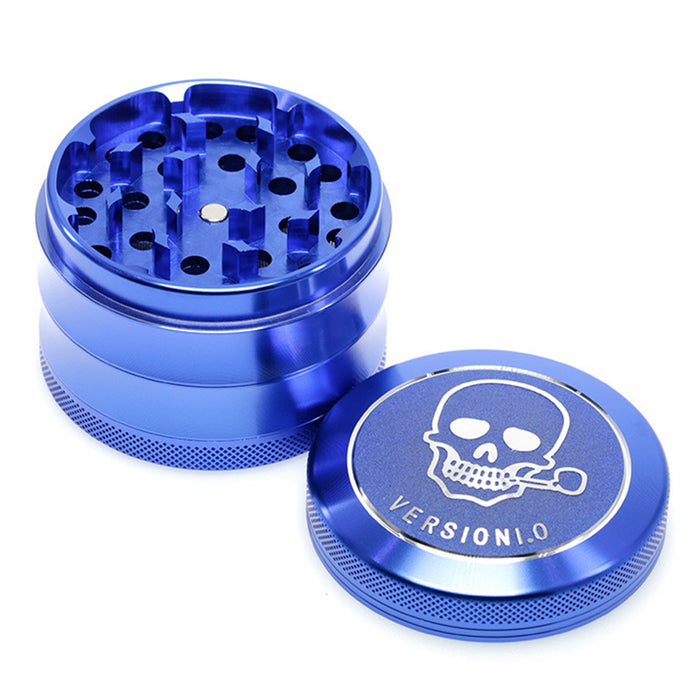 63MM 4 Part Top Cover Pattern Double Thin Waist Aluminum Alloy Weed Grinder | Blue Skull