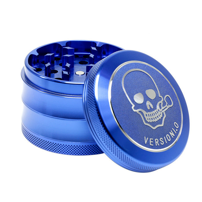63MM 4 Part Top Cover Pattern Double Thin Waist Aluminum Alloy Weed Grinder | Blue Skull