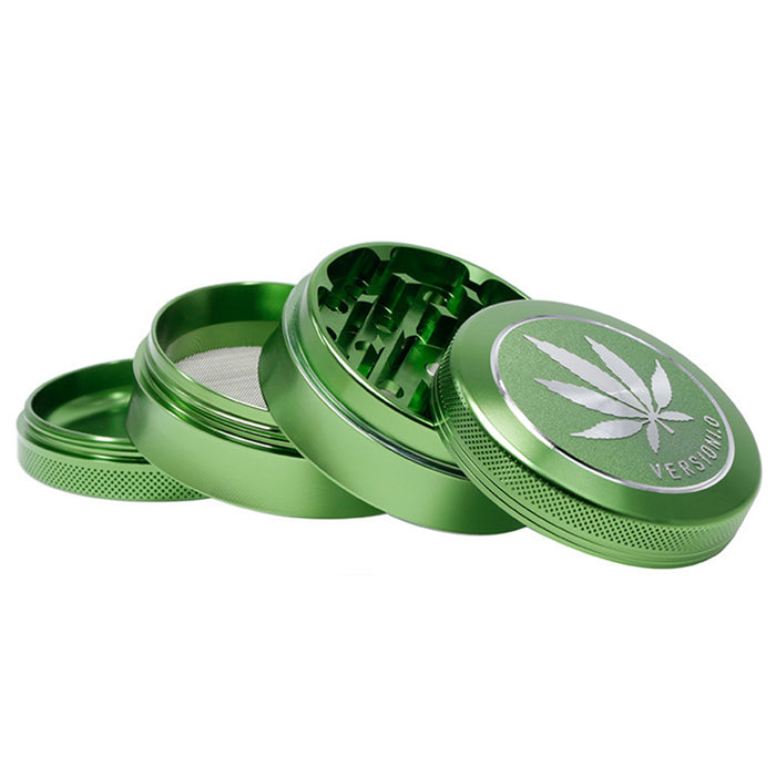 63MM 4 Part Top Cover Pattern Double Thin Waist Aluminum Alloy Weed Grinder | Green Leaf