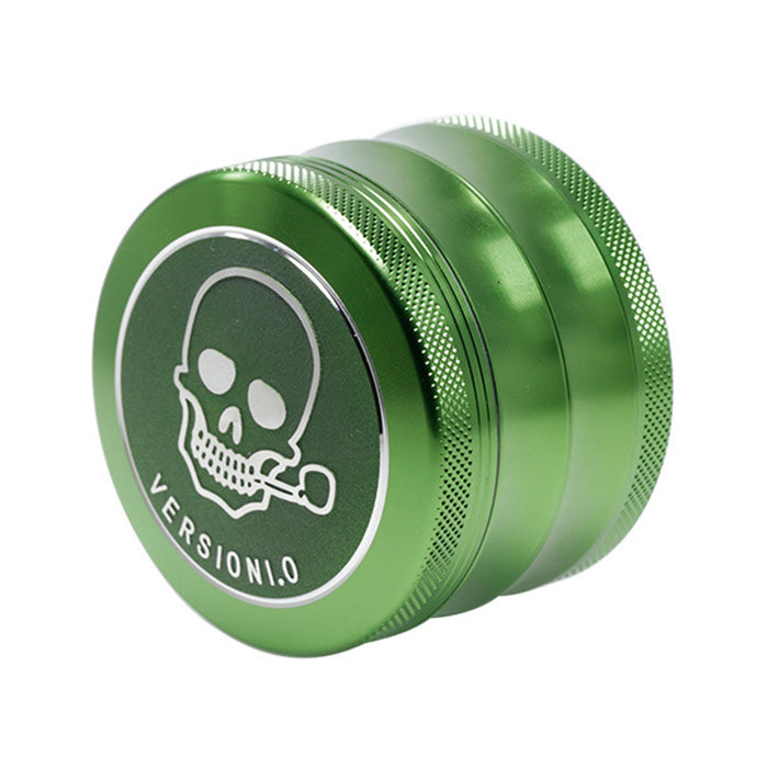 63MM 4 Part Top Cover Pattern Double Thin Waist Aluminum Alloy Weed Grinder | Green Skull