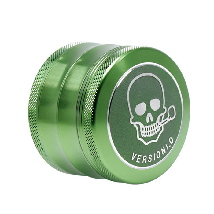 63MM 4 Part Top Cover Pattern Double Thin Waist Aluminum Alloy Weed Grinder | Green Skull