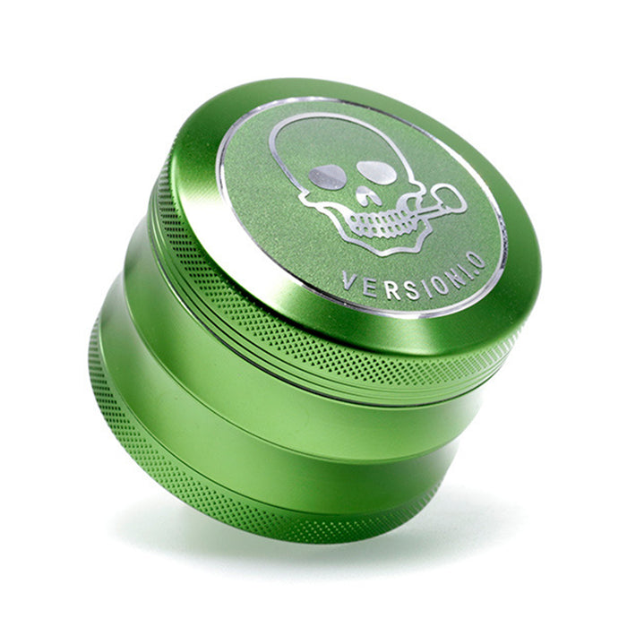 63MM 4 Part Top Cover Pattern Double Thin Waist Aluminum Alloy Weed Grinder | Green Skull