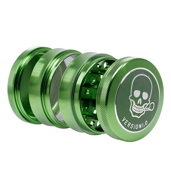 63MM 4 Part Top Cover Pattern Double Thin Waist Aluminum Alloy Weed Grinder | Green Skull