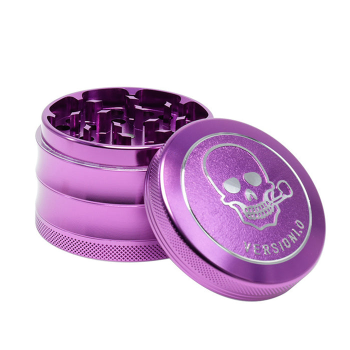 63MM 4 Part Top Cover Pattern Double Thin Waist Aluminum Alloy Weed Grinder | Purple Skull