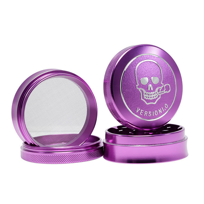 63MM 4 Part Top Cover Pattern Double Thin Waist Aluminum Alloy Weed Grinder | Purple Skull