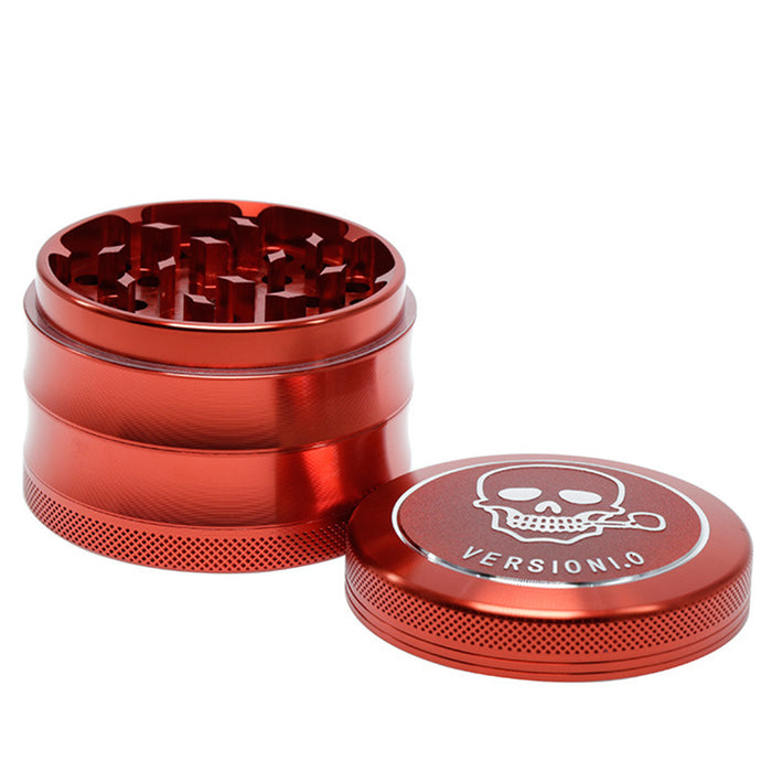 63MM 4 Part Top Cover Pattern Double Thin Waist Aluminum Alloy Weed Grinder | Red Skull