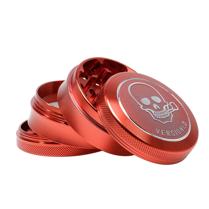 63MM 4 Part Top Cover Pattern Double Thin Waist Aluminum Alloy Weed Grinder | Red Skull