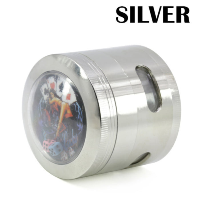63MM 4 Part Zinc Alloy New Dice Side Window Herb Grinder-Silver