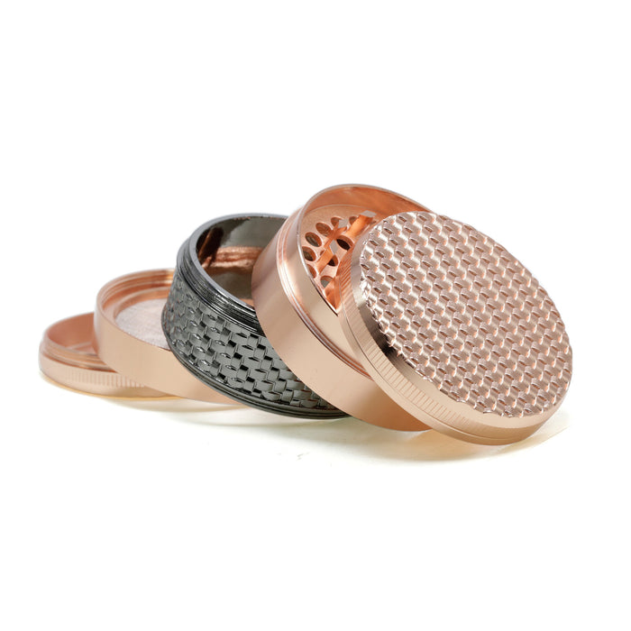 63MM 5 Layer Zinc Alloy Top Cover Side Woven Mesh Vertical Grain Herb Grinder-Rose Gold