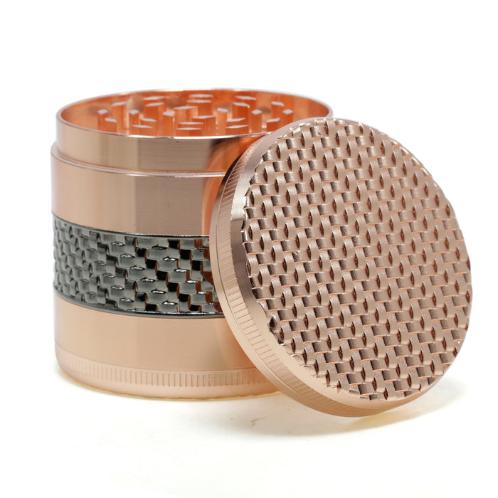 63MM 5 Layer Zinc Alloy Top Cover Side Woven Mesh Vertical Grain Herb Grinder-Rose Gold