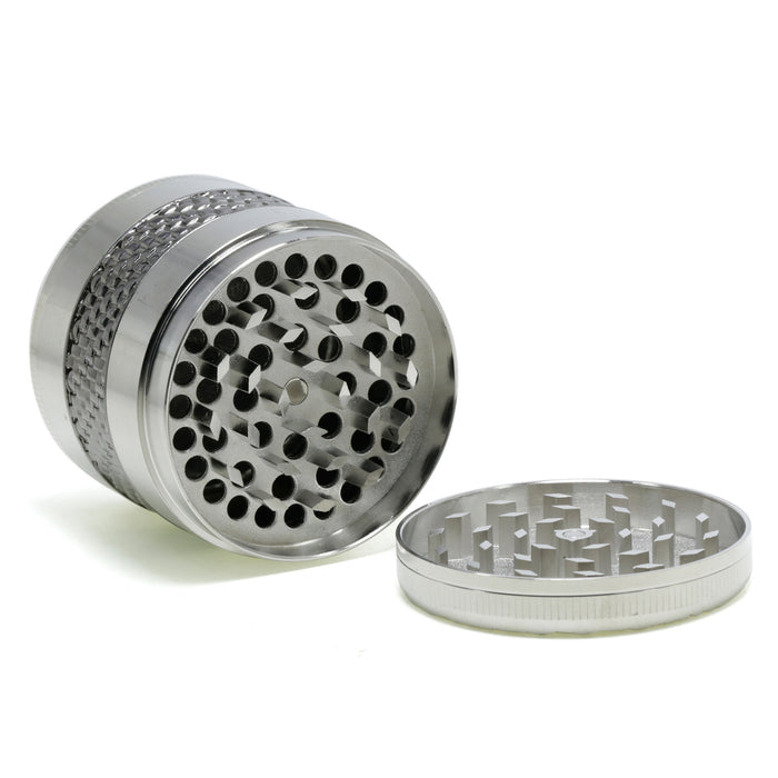 63MM 5 Layer Zinc Alloy Top Cover Side Woven Mesh Vertical Grain Herb Grinder-Silver