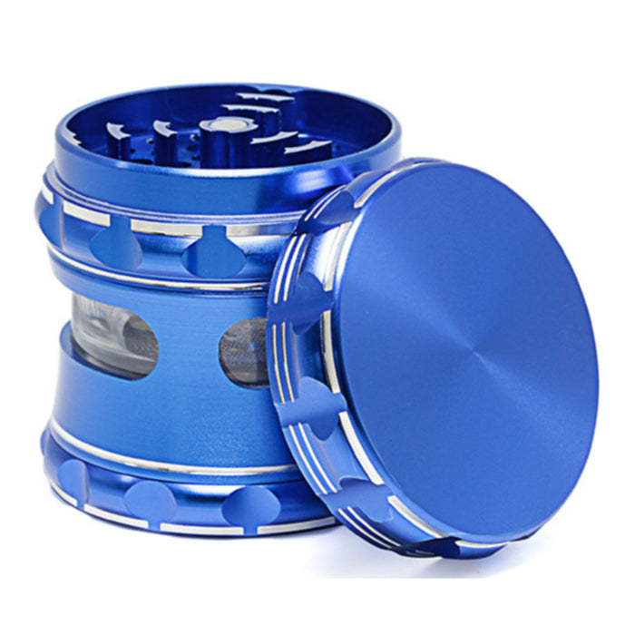 63MM Aluminum Alloy 4 Piece Flat Pattern Thin Waist Side Window Herb Grinder-Blue