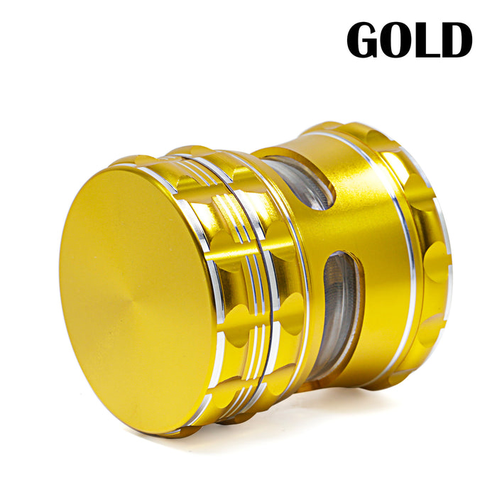 63MM Aluminum Alloy 4 Piece Flat Pattern Thin Waist Side Window Herb Grinder-Gold