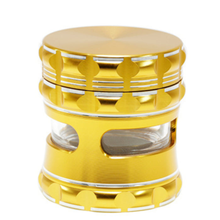 63MM Aluminum Alloy 4 Piece Flat Pattern Thin Waist Side Window Herb Grinder-Gold