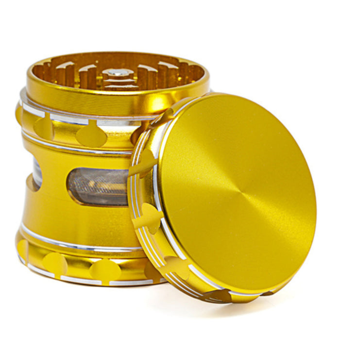 63MM Aluminum Alloy 4 Piece Flat Pattern Thin Waist Side Window Herb Grinder-Gold