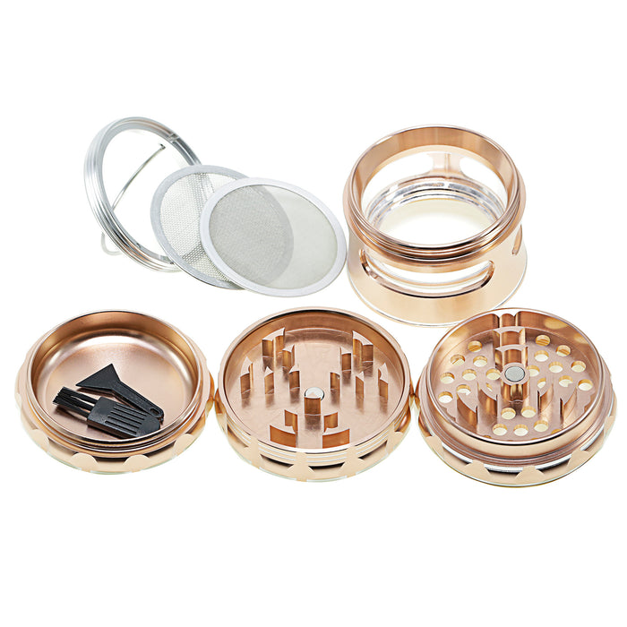 63MM Aluminum Alloy 4 Piece Flat Pattern Thin Waist Side Window Herb Grinder-Rose-Gold
