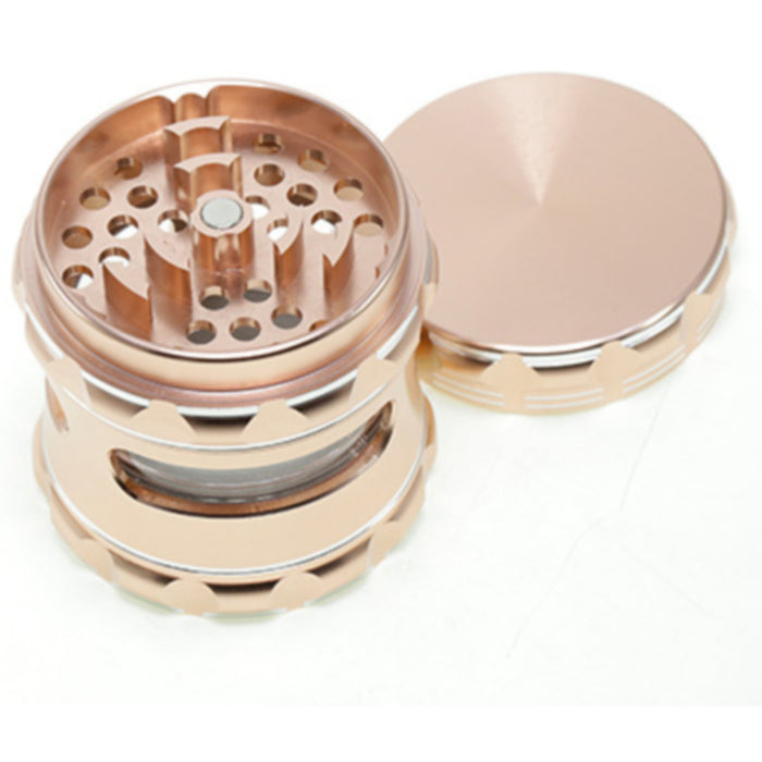 63MM Aluminum Alloy 4 Piece Flat Pattern Thin Waist Side Window Herb Grinder-Rose-Gold