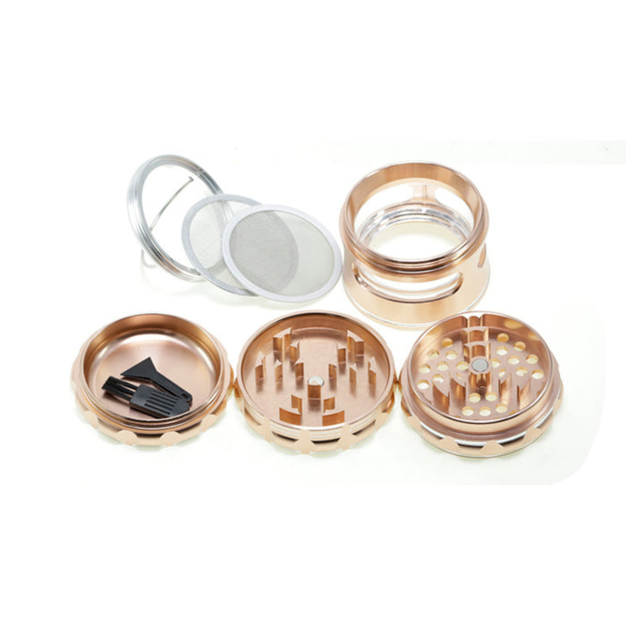 63MM Aluminum Alloy 4 Piece Flat Pattern Thin Waist Side Window Herb Grinder-Rose-Gold