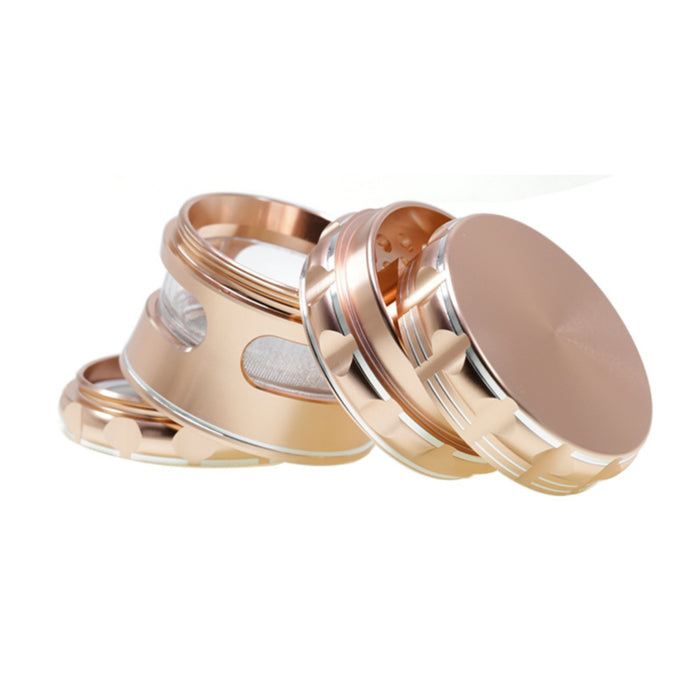 63MM Aluminum Alloy 4 Piece Flat Pattern Thin Waist Side Window Herb Grinder-Rose-Gold