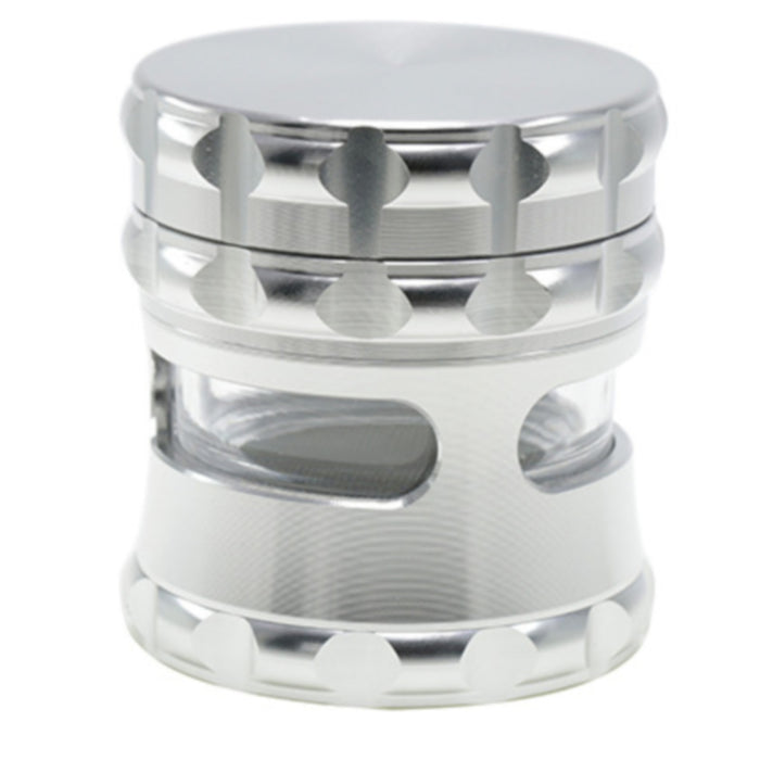 63MM Aluminum Alloy 4 Piece Flat Pattern Thin Waist Side Window Herb Grinder-Silver