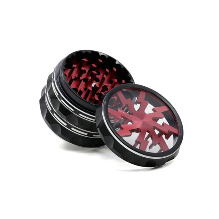 63MM Aluminum Alloy Pointed Pattern Transparent Upper Cover Lightning Chamfer Open Window Herb Grinder-Red