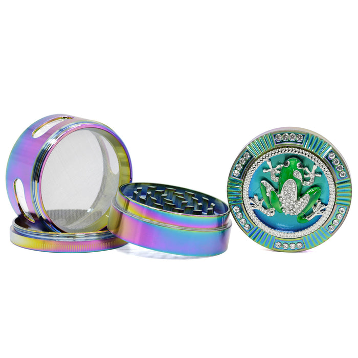 63MM Colorful Zinc Alloy Four-layer Diamond-Encrusted Side   Window Herb Grinder-Frog